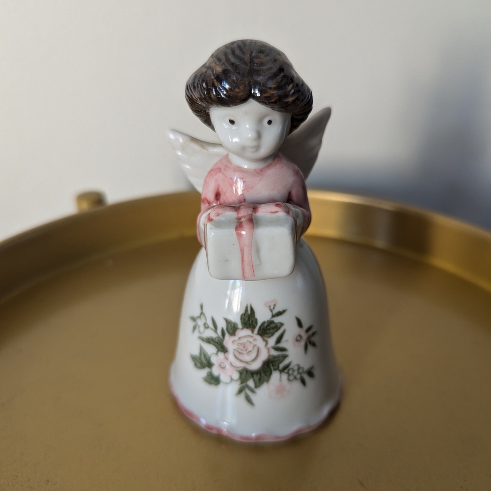 Vintage Ceramic Angel Figurine with Gift Trinket Bell- Made In Taiwan
